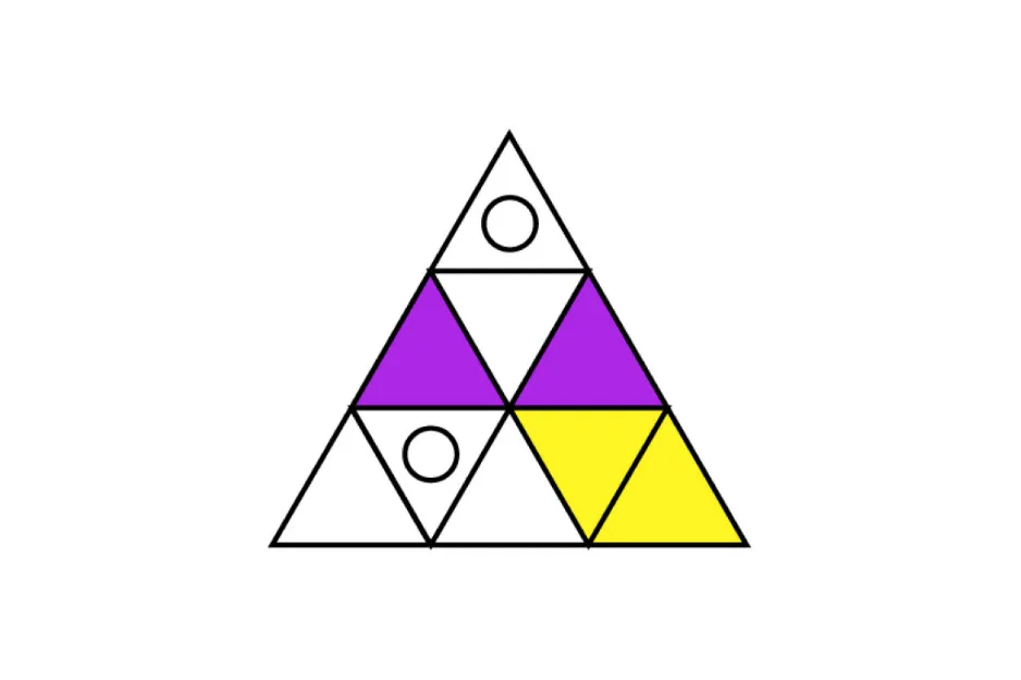 A triangle composed of smaller triangles, some purple, some yellow, some white with circles. Which figure comes next in the pattern?, C