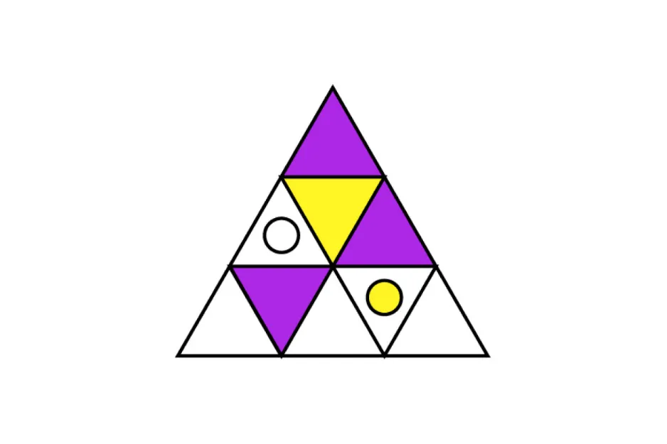 Figure comes next in the pattern: a large triangle composed of smaller triangles, some purple, one yellow, and two with circles.