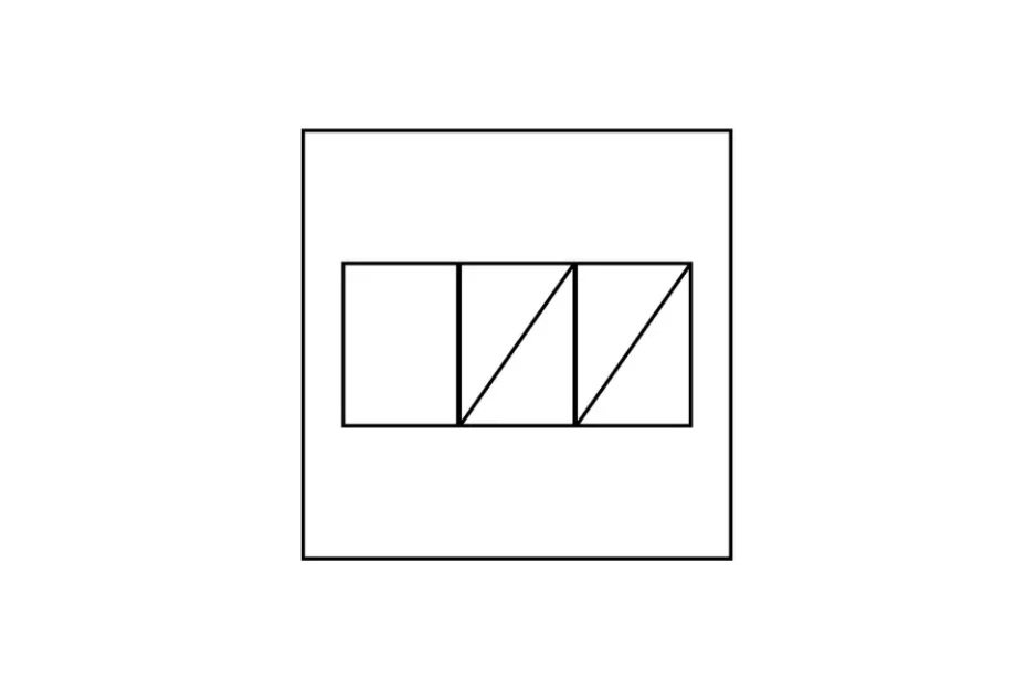 A pattern of squares within a larger square. The first square is empty, while the next two are split diagonally. What comes next in the pattern?
