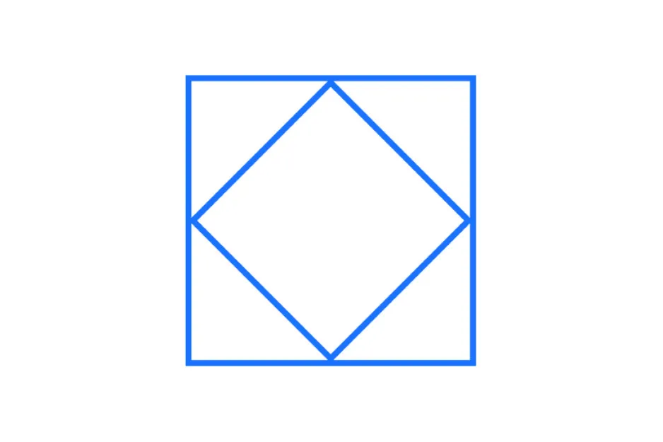 A simple blue line drawing on a white background, featuring a square with a diamond shape inside. Completes the pattern.