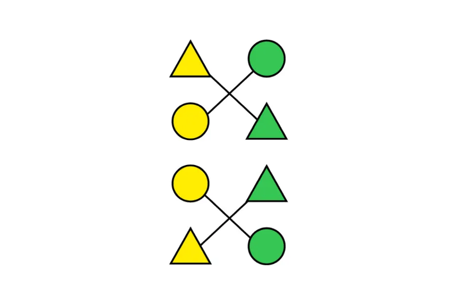 Two rows of interconnected shapes, yellow triangles and circles with green triangles and circles. Fills the missing spot.
