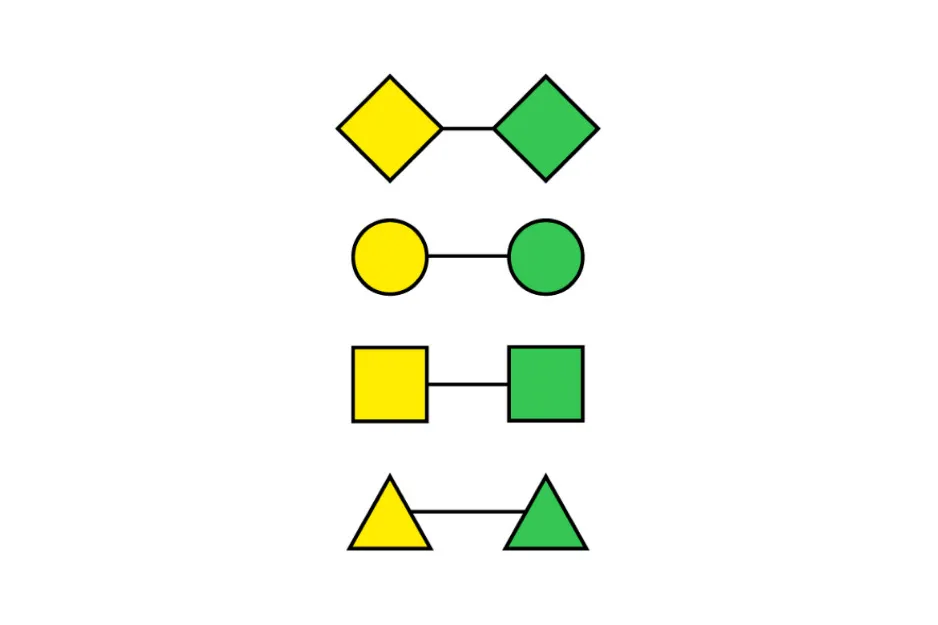 A pattern of connected geometric shapes: diamonds, circles, squares, and triangles, in yellow and green. Fills the missing spot.