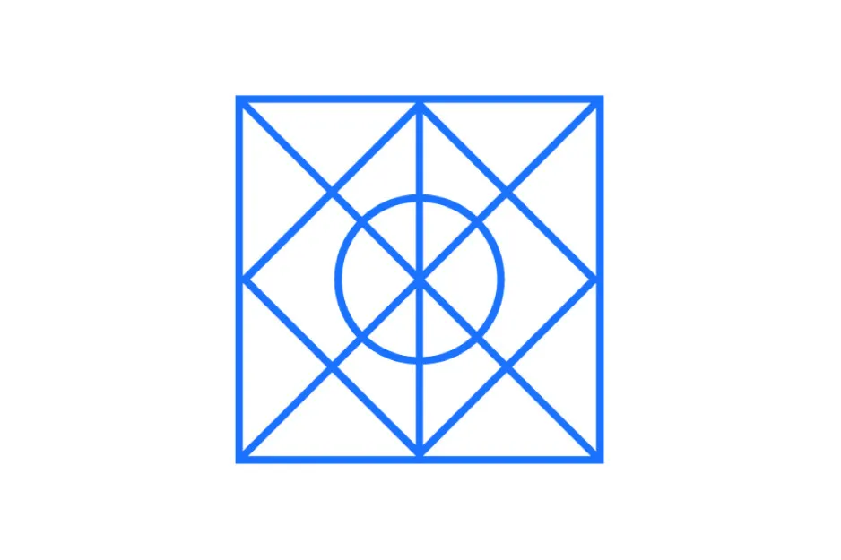 A blue geometric figure featuring a square with an inscribed diamond and a central circle, all connected by lines, completing the pattern.