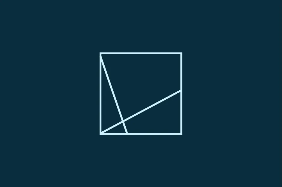 A minimalist geometric design with a light blue square containing intersecting lines, on a dark blue background. Completes the matrix.