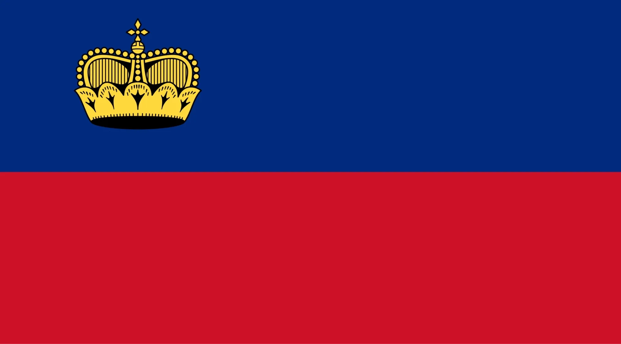 Liechtenstein flag: blue upper half with a golden crown, red lower half. A European country flag.