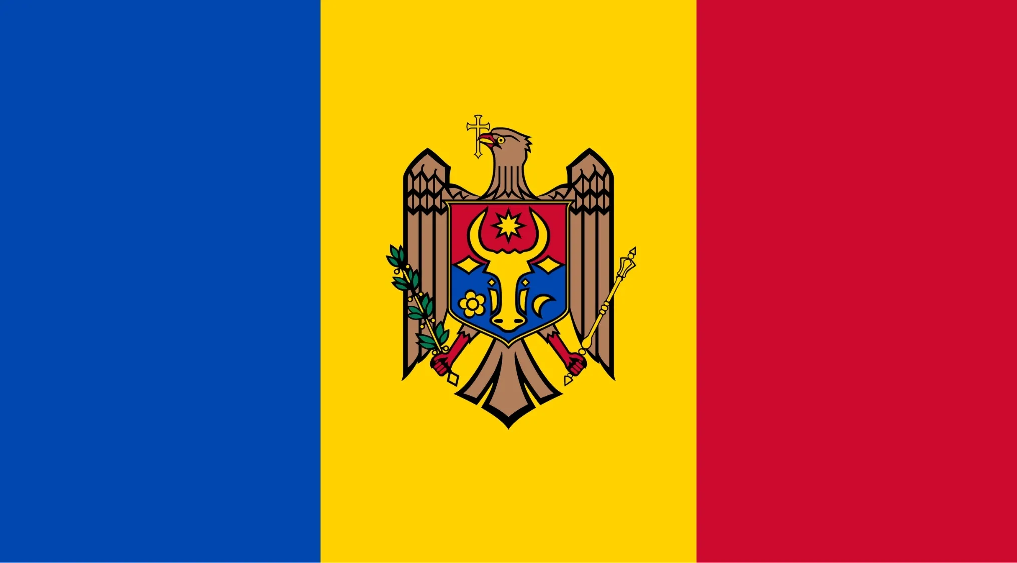 Moldova's European flag, with a central eagle emblem on yellow, flanked by blue and red vertical stripes.