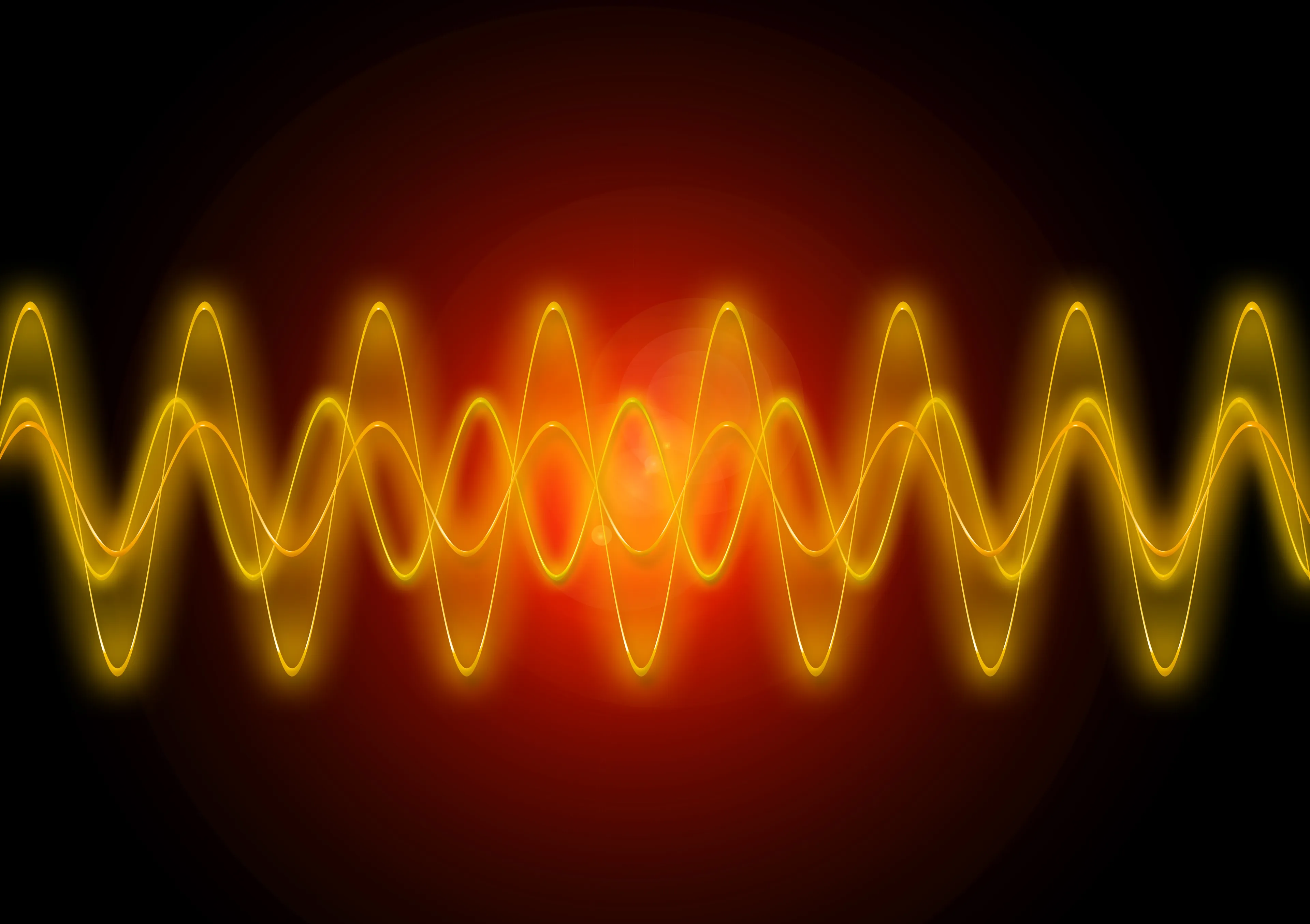 Yellow wave peaks on a red-black background. Illustrates the distance between two consecutive wave peaks in Science trivia.