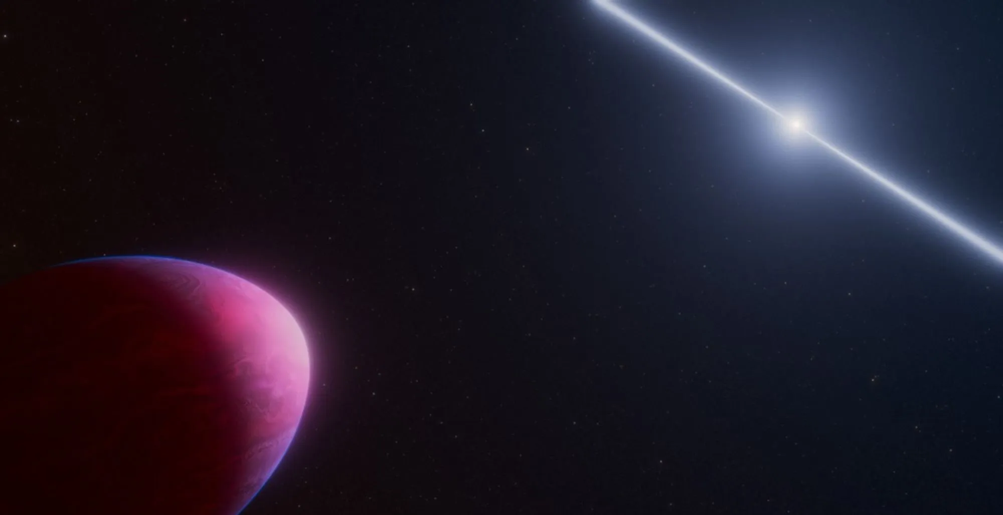 A red exoplanet orbits in the foreground of a dark, star-filled space with a brightly beaming pulsar in the distance.