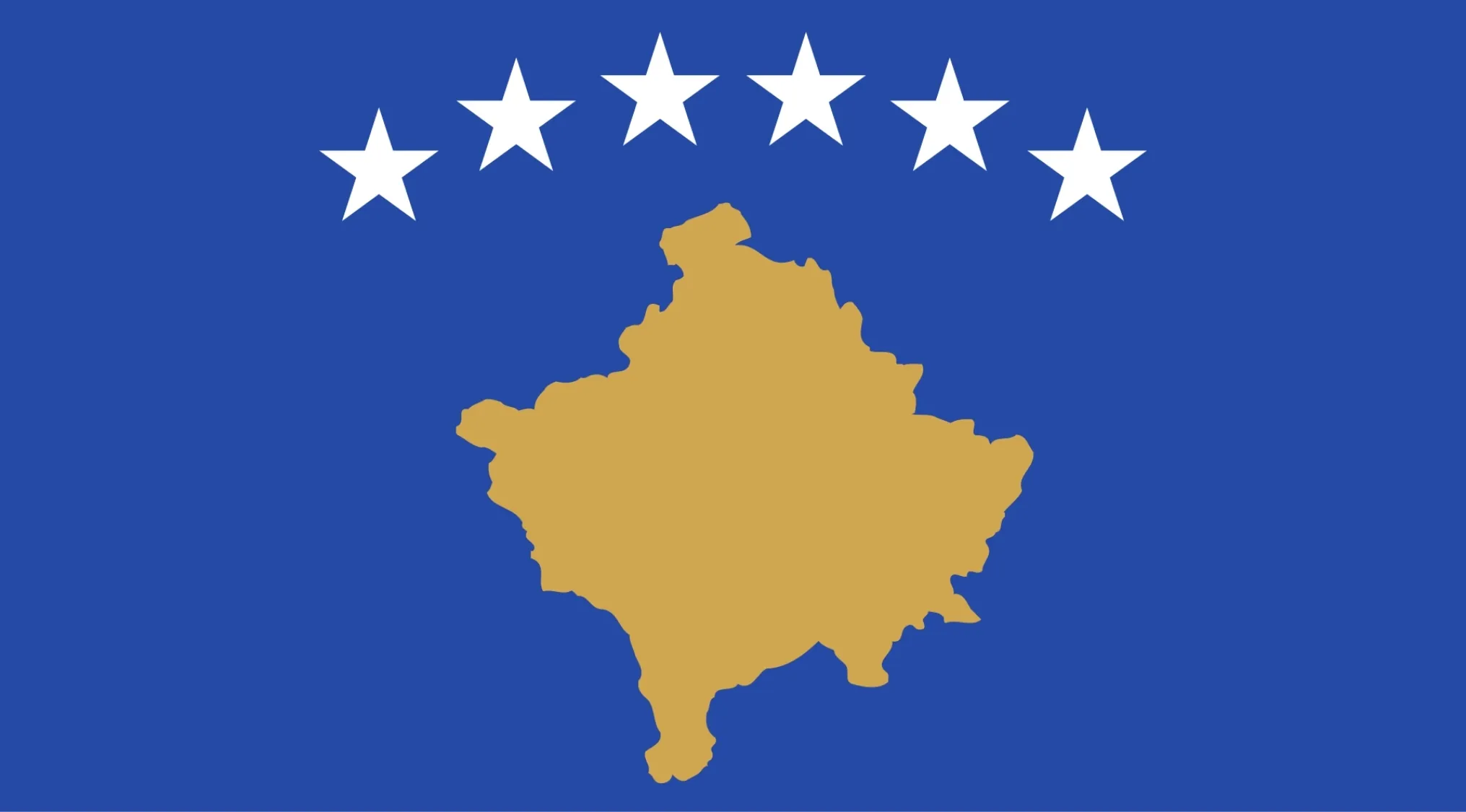 Kosovo flag with a blue field, a golden map of Kosovo, and six white stars above it, representing European flags.