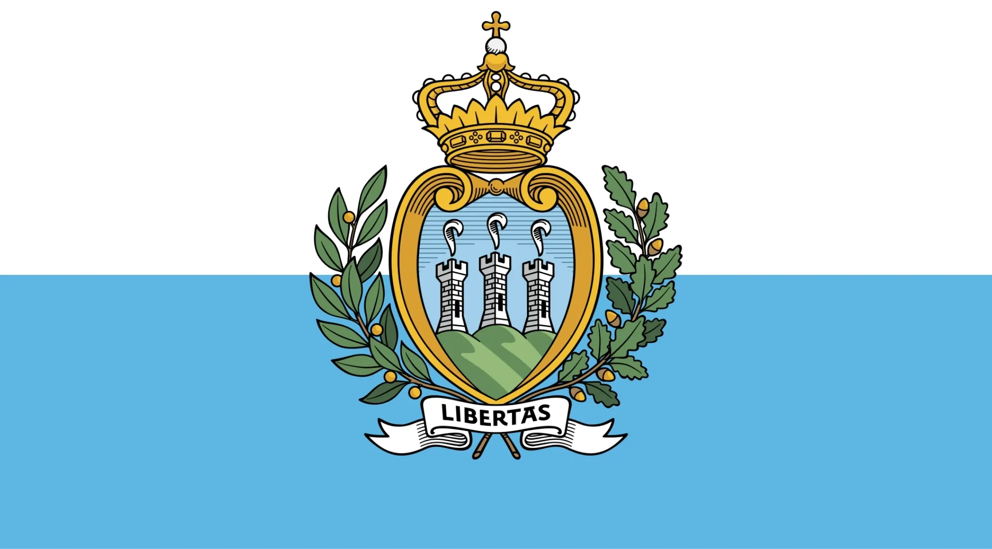 European flags: San Marino's flag with its coat of arms, featuring three towers, a crown, and the word LIBERTAS.