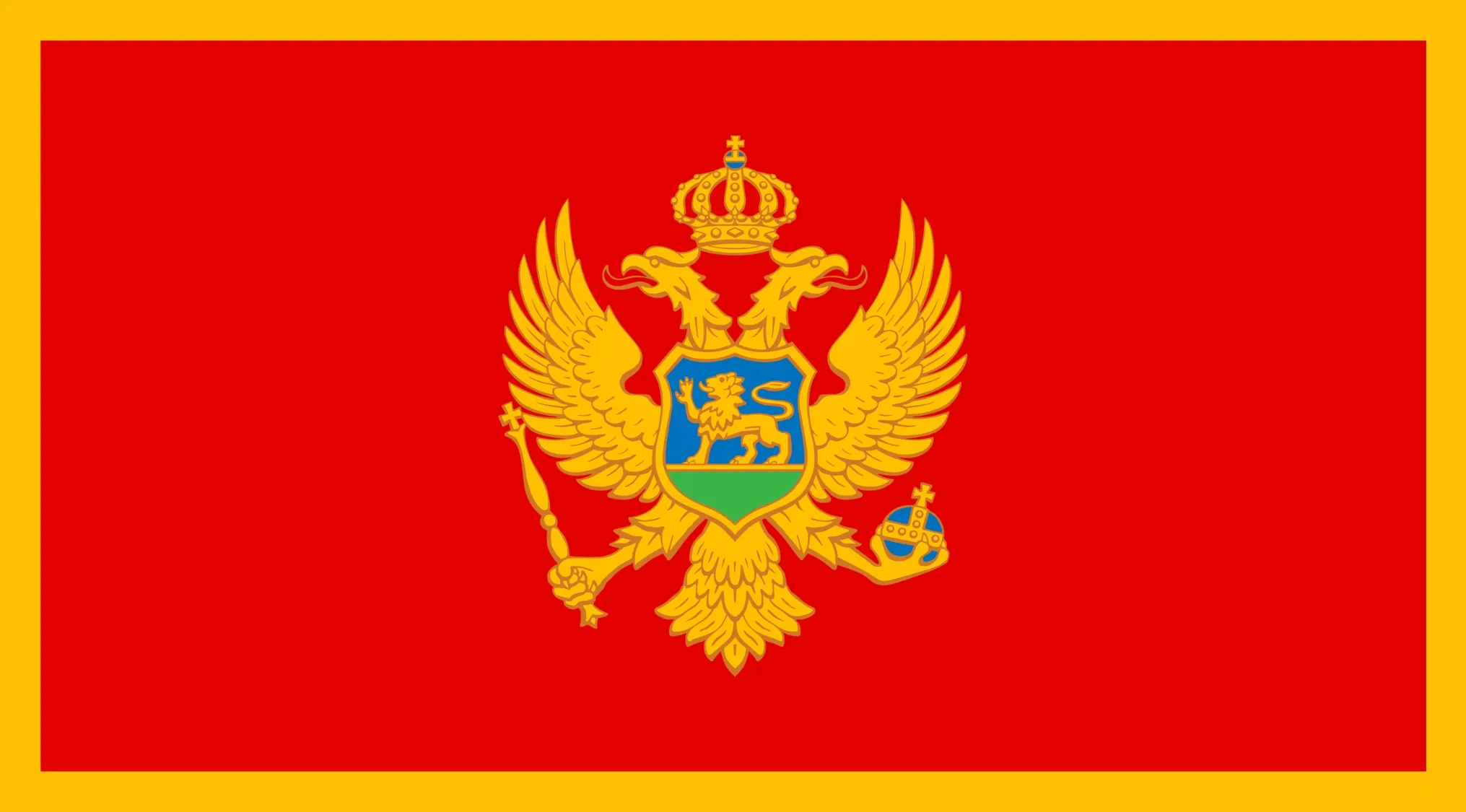 The flag of Montenegro, a European country, features a red field with a gold double-headed eagle and crown.