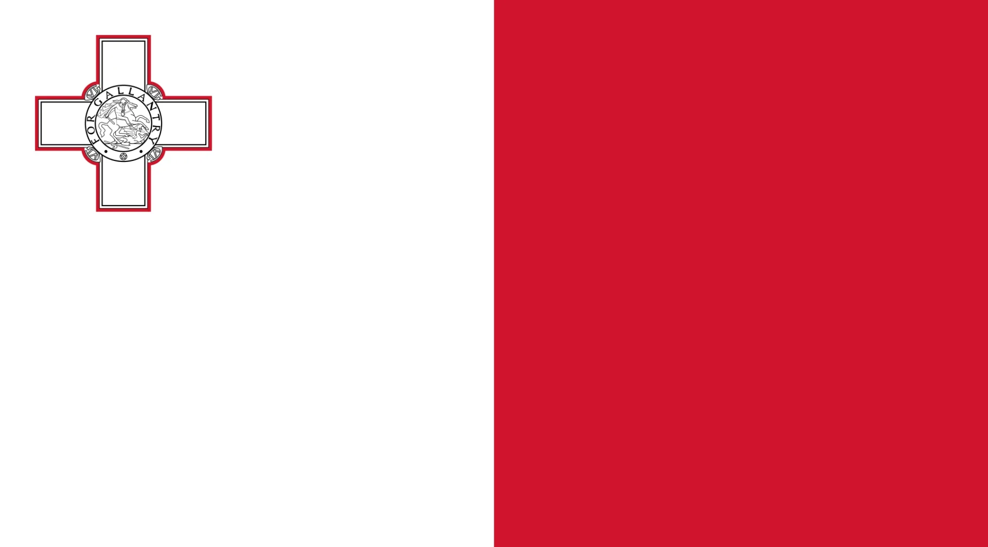 A European flag, vertically split with white on the left and red on the right, featuring a red-outlined George Cross in the top-left white quadrant.