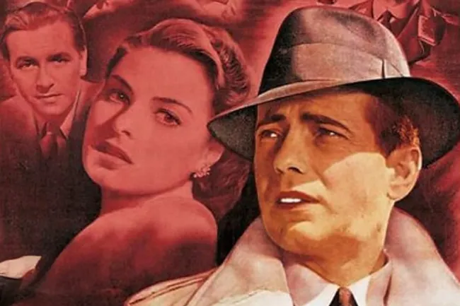 Movie poster for Casablanca with Humphrey Bogart, Ingrid Bergman, and Paul Henreid, rendered in red tones.