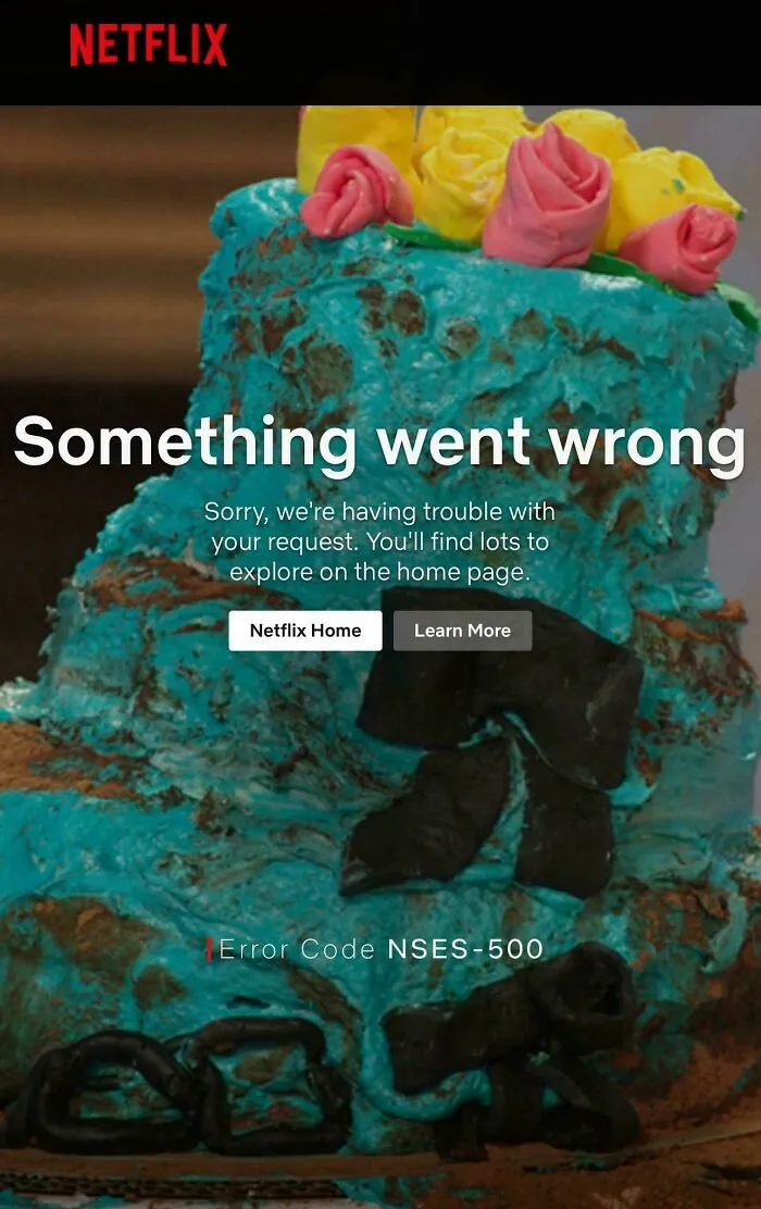 Netflix error screen with a cake background, showing a bug in a service related to consumerism and price difference.