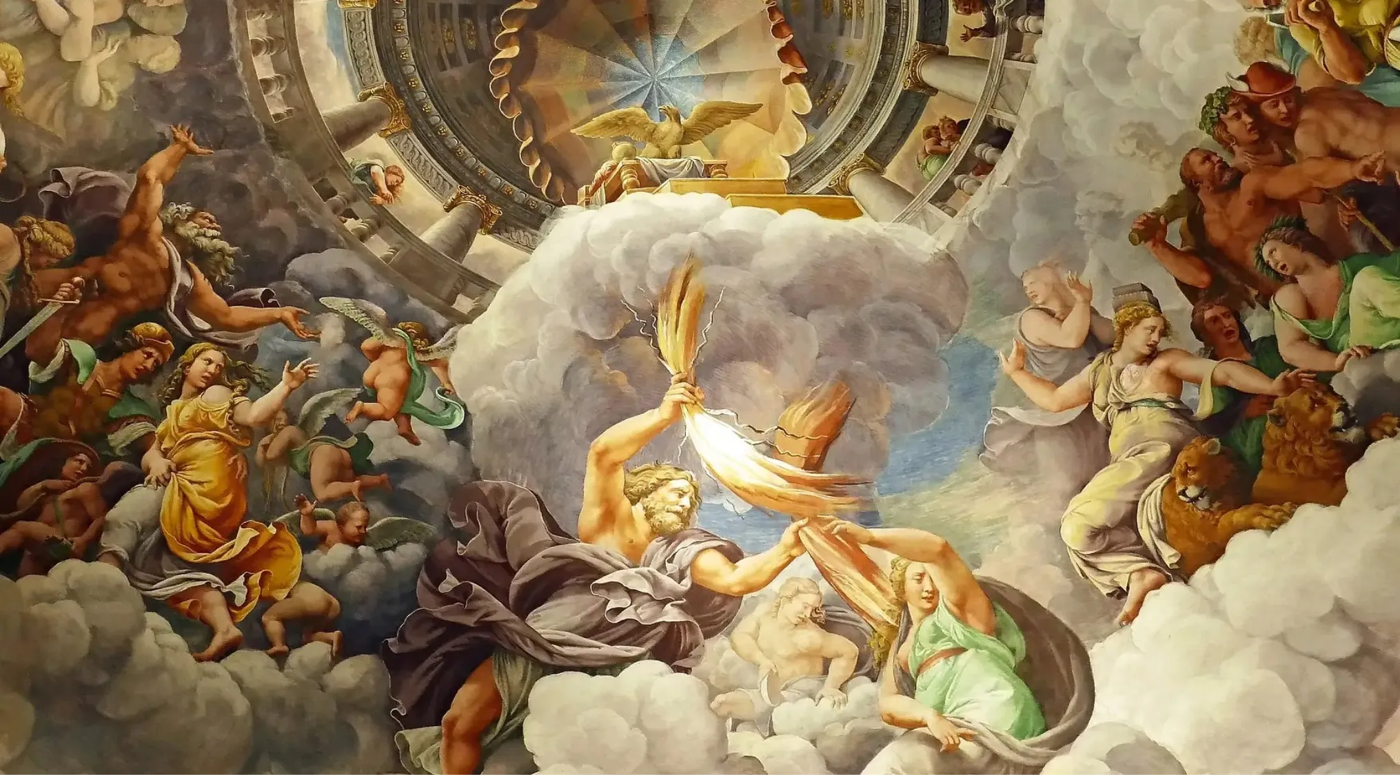 Vibrant fresco illustrating Greek mythology, depicting Zeus wielding lightning during the Titanomachy amidst gods, goddesses, and cherubs.