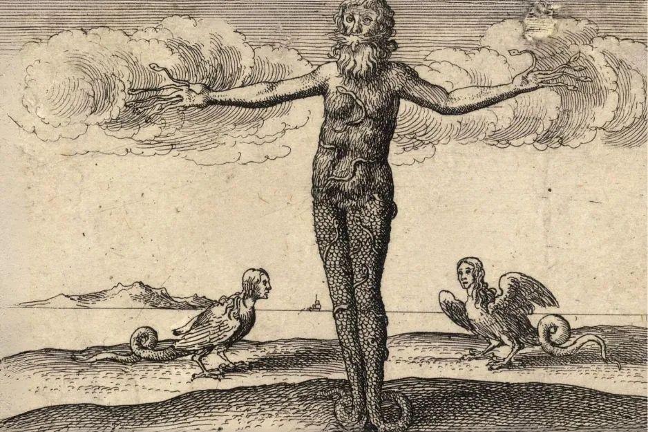A Hecatoncheires monster with a bearded human torso, snake coils for limbs, and two bird-like creatures at its feet.