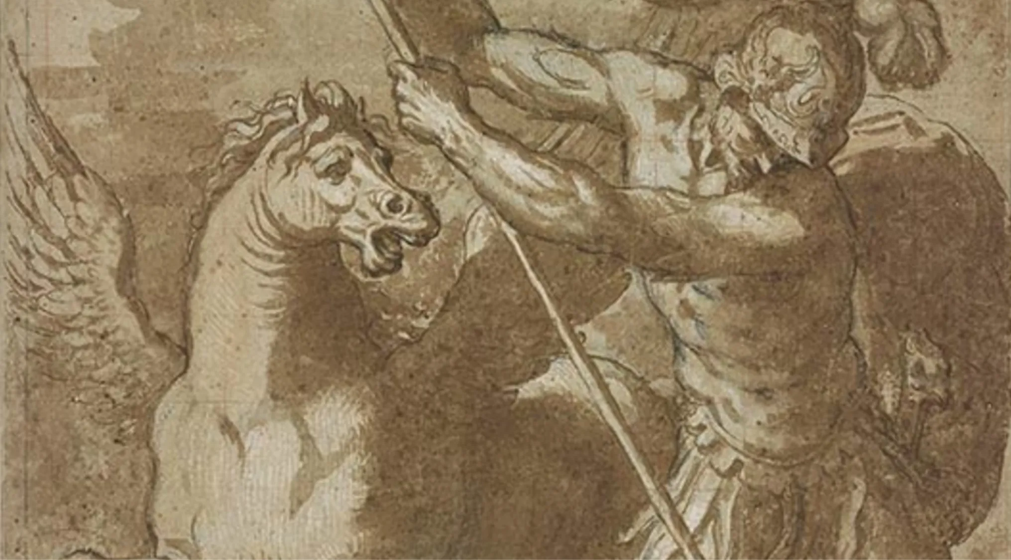 A sepia-toned drawing depicts Greek Mythology's Bellerophon on Pegasus, wielding a spear, ready to defeat a monster.