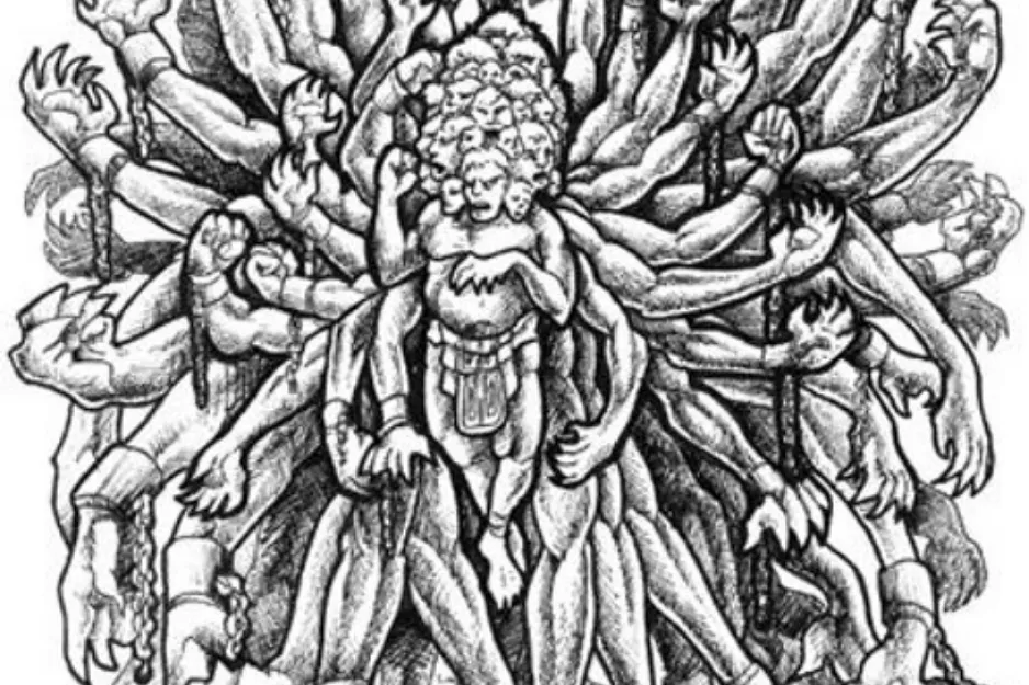 Black and white illustration of the Hecatoncheires, a giant hundred-handed primordial being with many faces.