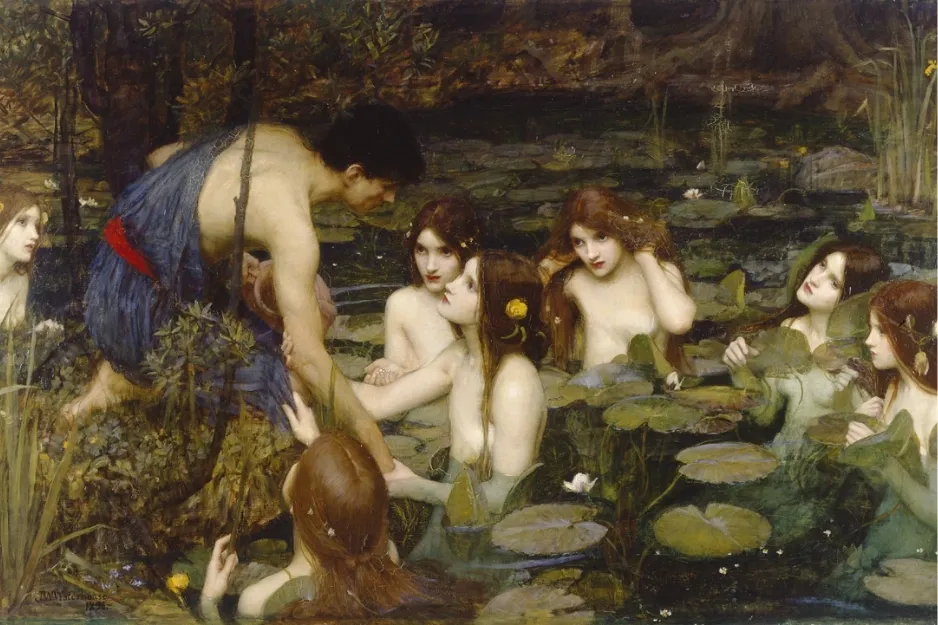 A man interacting with sea nymphs in a pond, surrounded by lily pads. Were these Hecatoncheires, controlling tides for Poseidon?