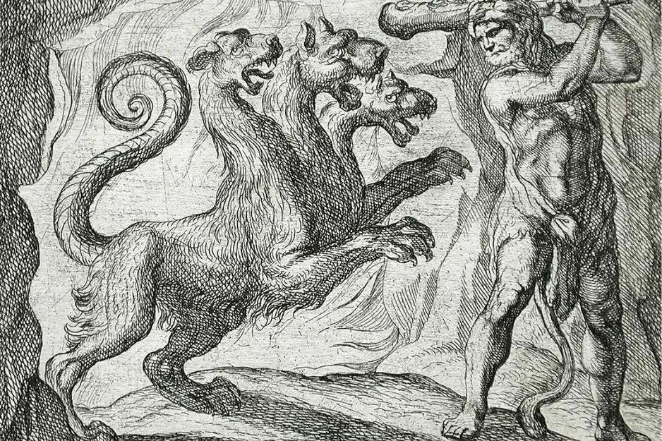 Woodcut of a powerful hero battling the three-headed giant hound, Cerberus, guarding the gates of the Underworld.