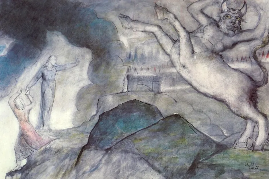 Artwork depicting a monstrous Minotaur figure amidst clouds and figures, emphasizing the creature's menacing presence.
