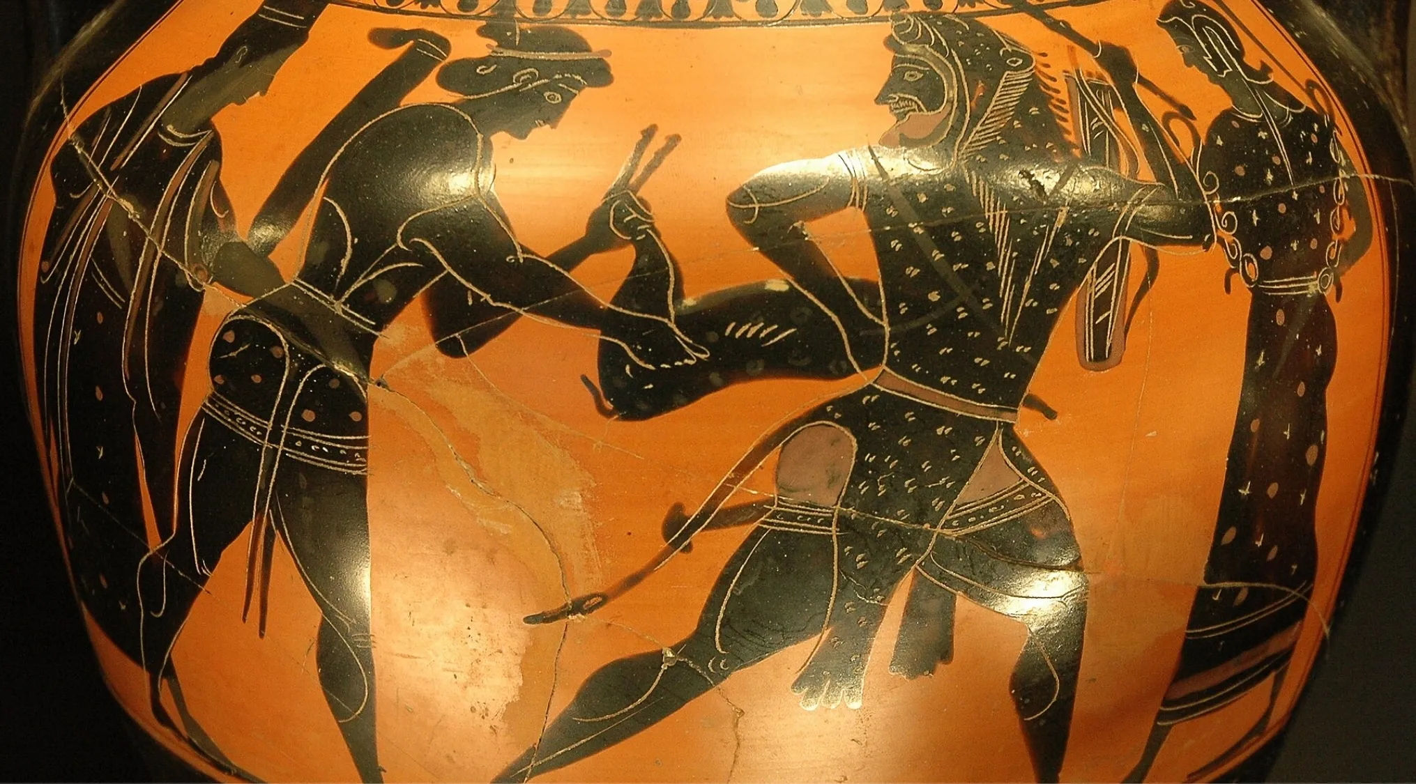 Ancient Greek vase painting depicting Hercules subduing a deer, showcasing Greek Mythology and the hunt.