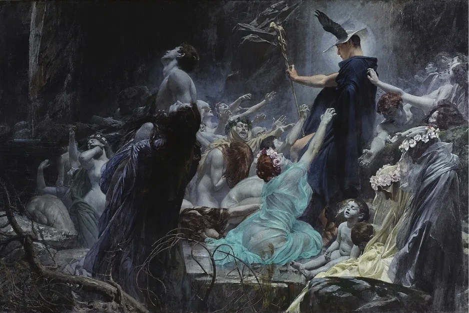 Painting depicting Hermes, the Olympian messenger of the gods, in a large crowd of figures, some reaching out to him.