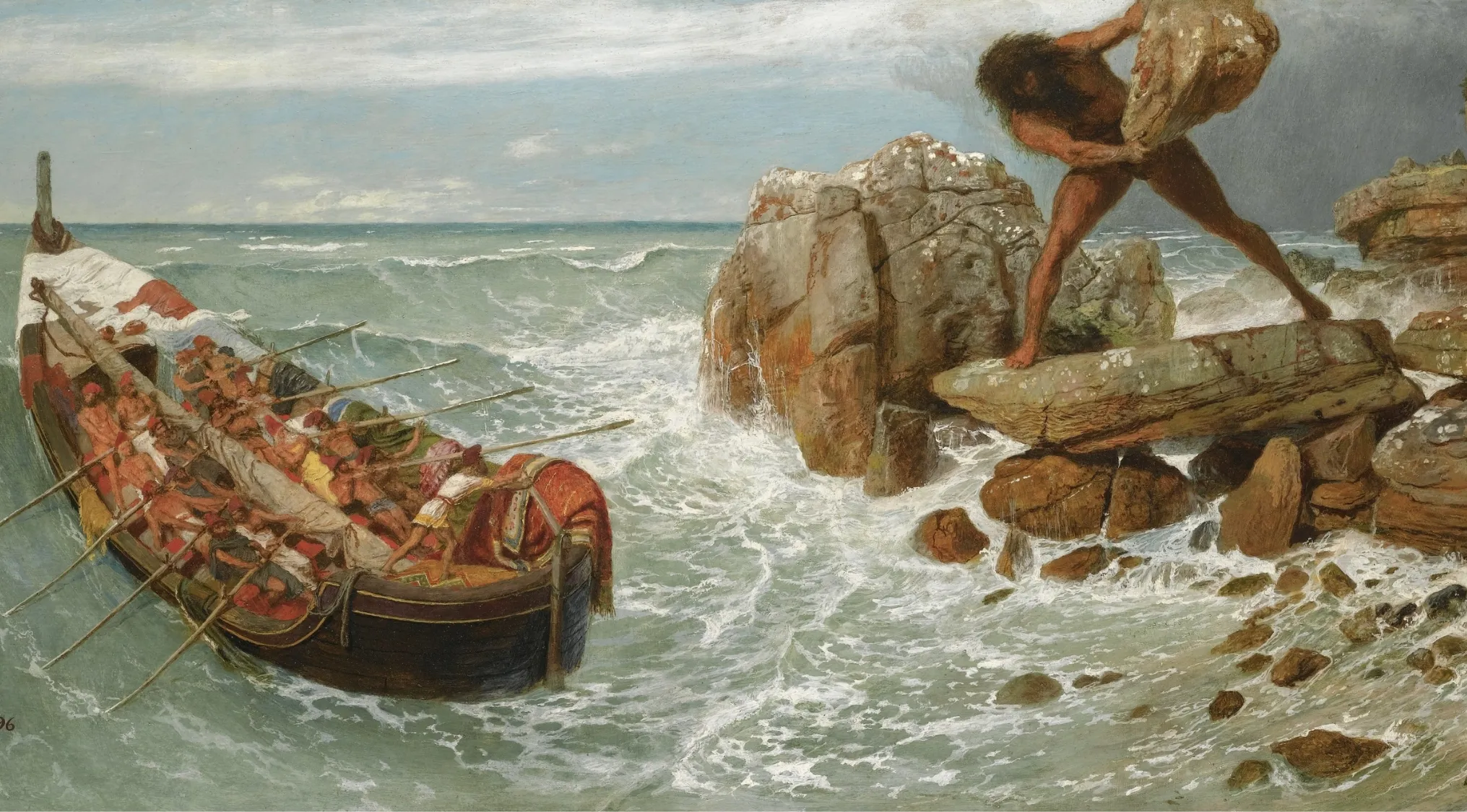 A painting depicting a giant Cyclops throwing rocks at Odysseus and his men in a small boat during their Greek Mythology journey.