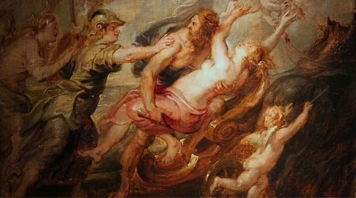Greek Mythology painting: Hades abducts Persephone into his chariot while other figures react in distress.