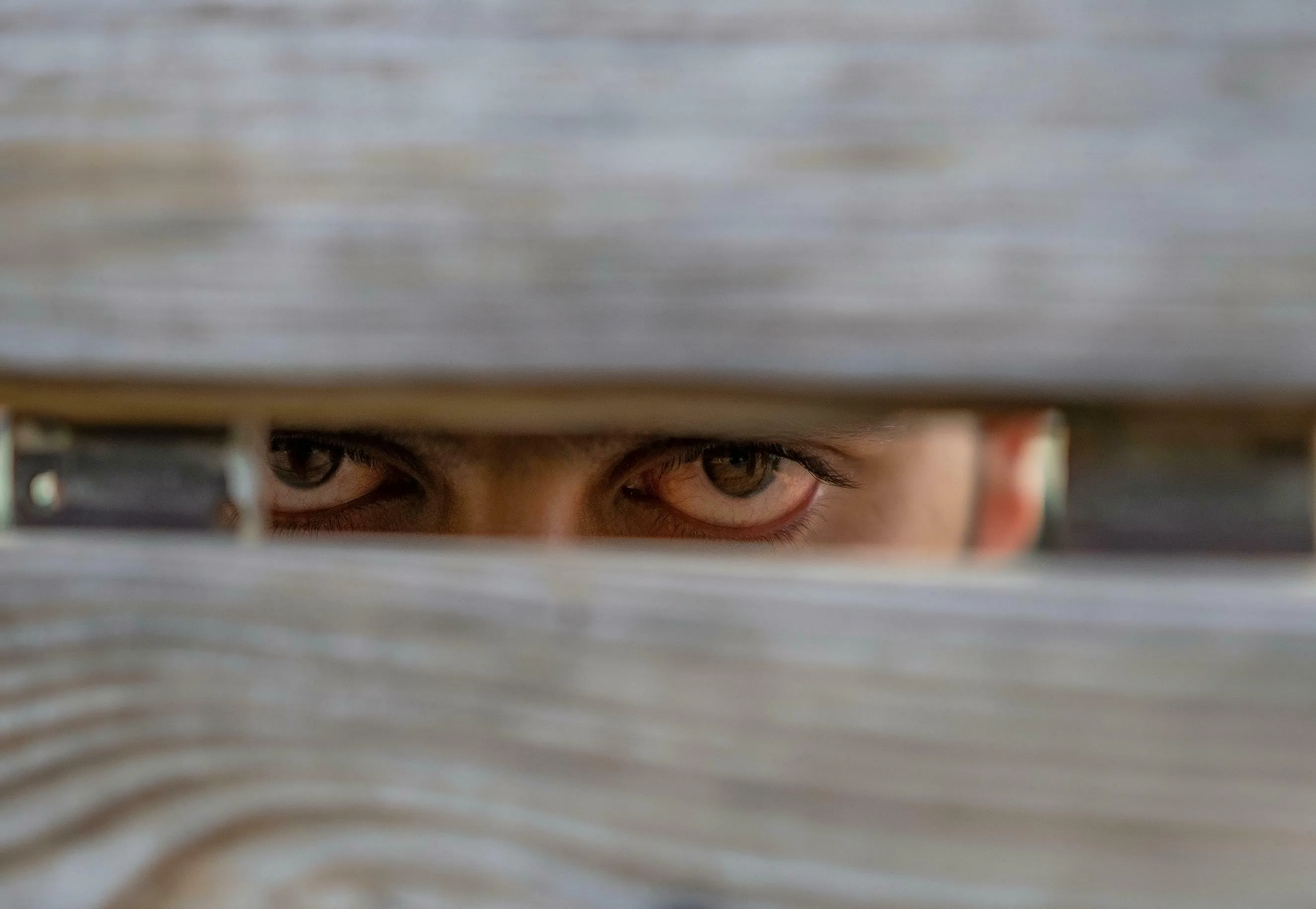 Close-up of suspicious-looking eyes peering through wooden slats, evoking British vocabulary quiz themes.