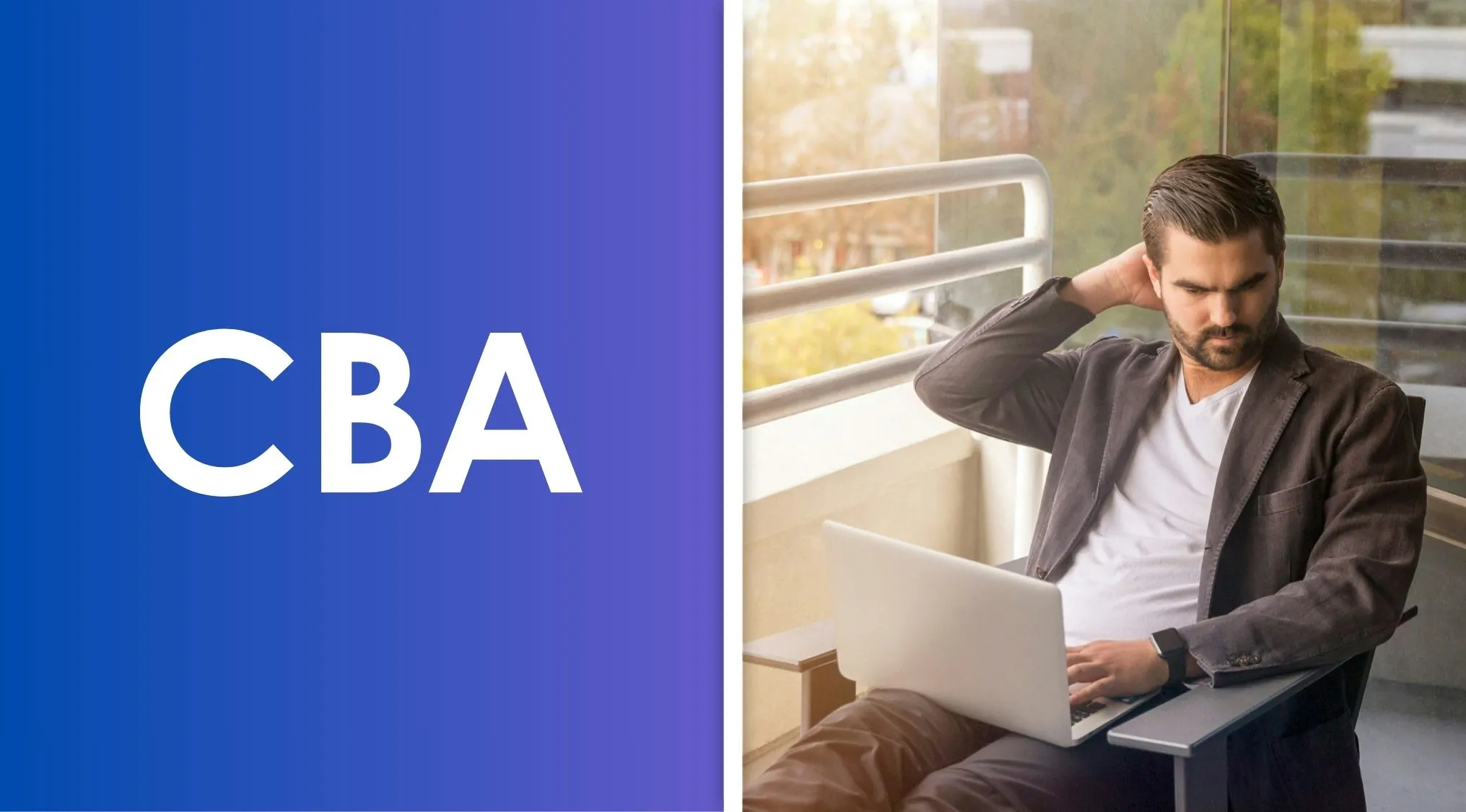 A man with a laptop on a balcony next to CBA text. British vocabulary quiz for abbreviations.