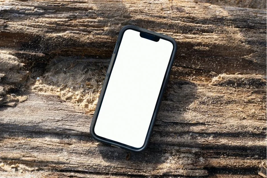 A modern phone with a blank white screen lies on a weathered wooden surface with sand and debris.
