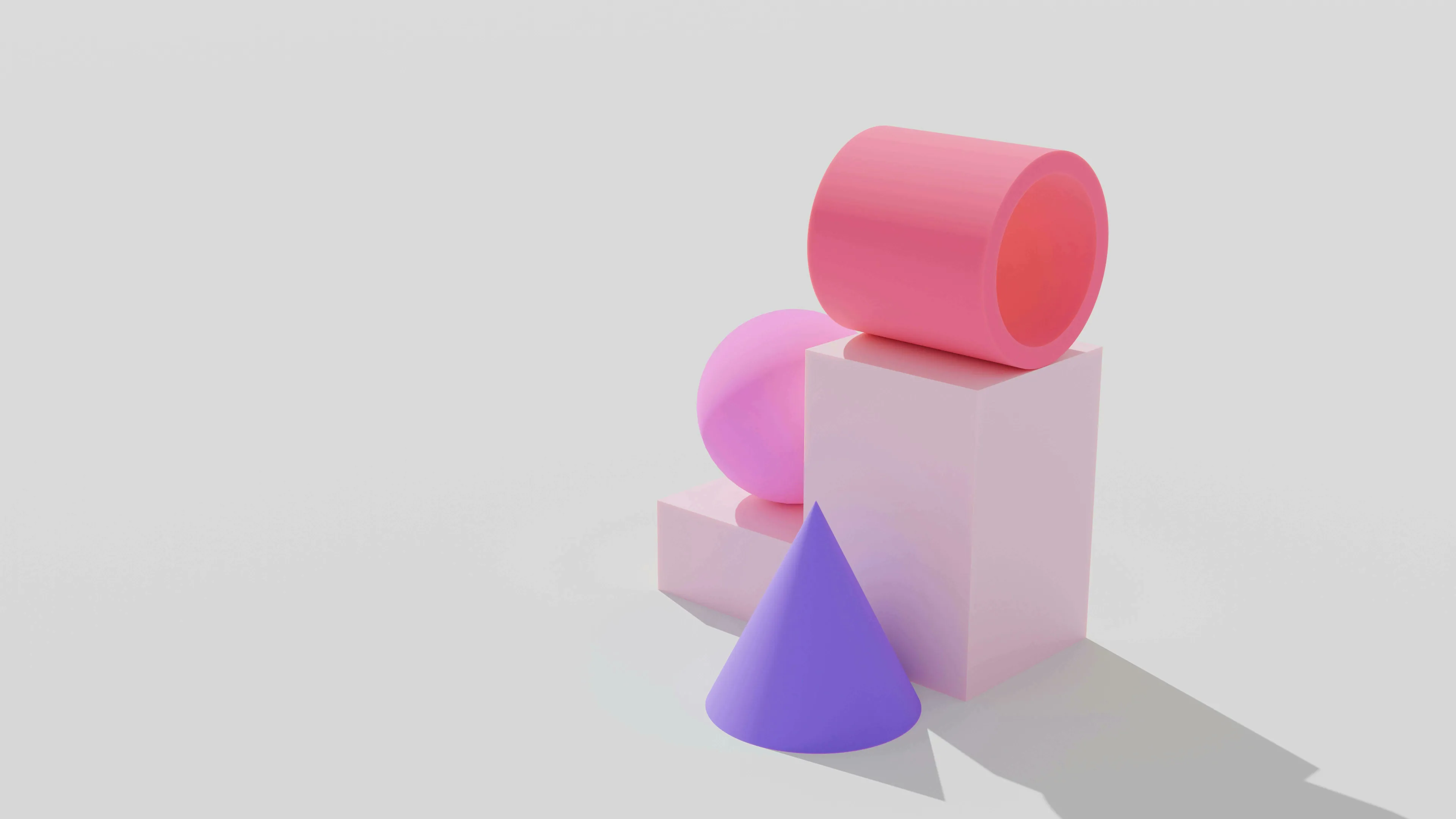 A pink cylinder and sphere, a purple cone, and light pink cubes arranged on a white background for a General Knowledge Quiz.