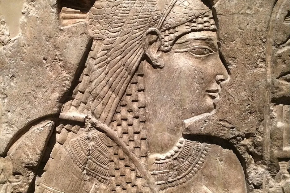 Ancient Egyptian relief sculpture in profile. Main SEO keyword: Arsinoe II. Ptolemaic Kingdom of Egypt ruler.