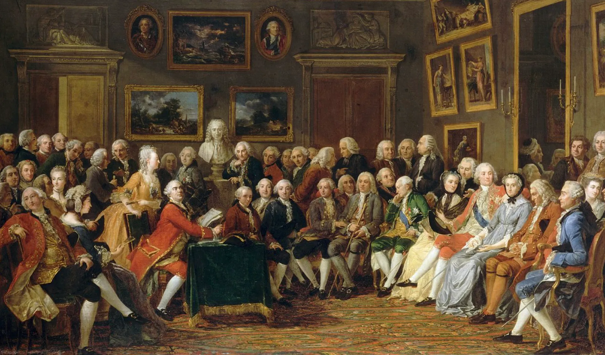 An Enlightenment period salon painting, with many men and some women in elaborate clothing seated and conversing. General Knowledge Quiz.