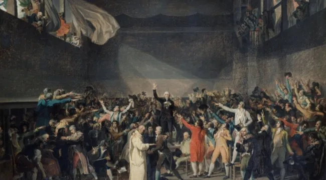 A crowded historical painting depicting a pivotal moment in the French Revolution, with figures raising hands in a dramatic scene.