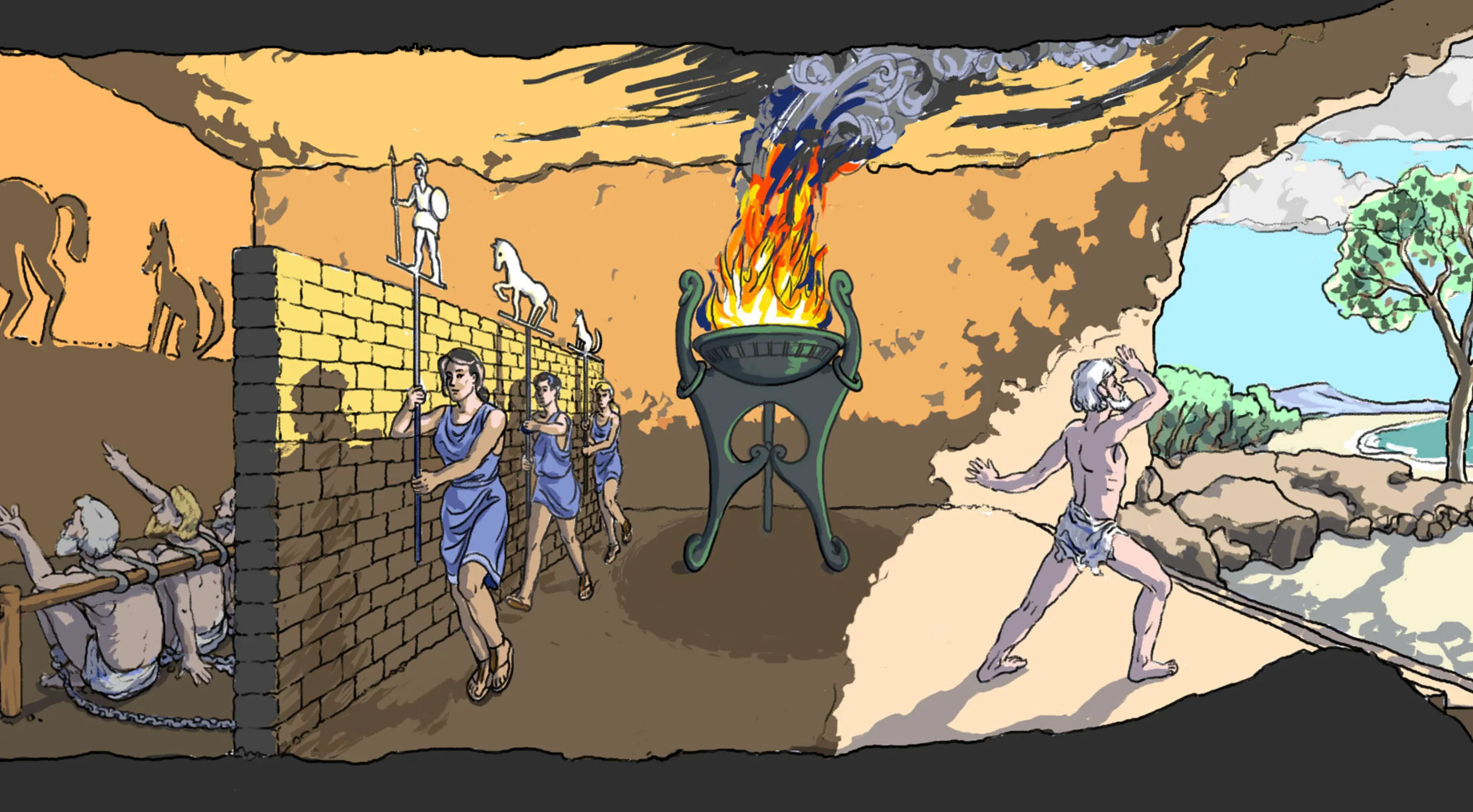 Illustration of Plato's Allegory of the Cave: chained prisoners, shadow-casters, and an enlightened man outside. General Knowledge Quiz.