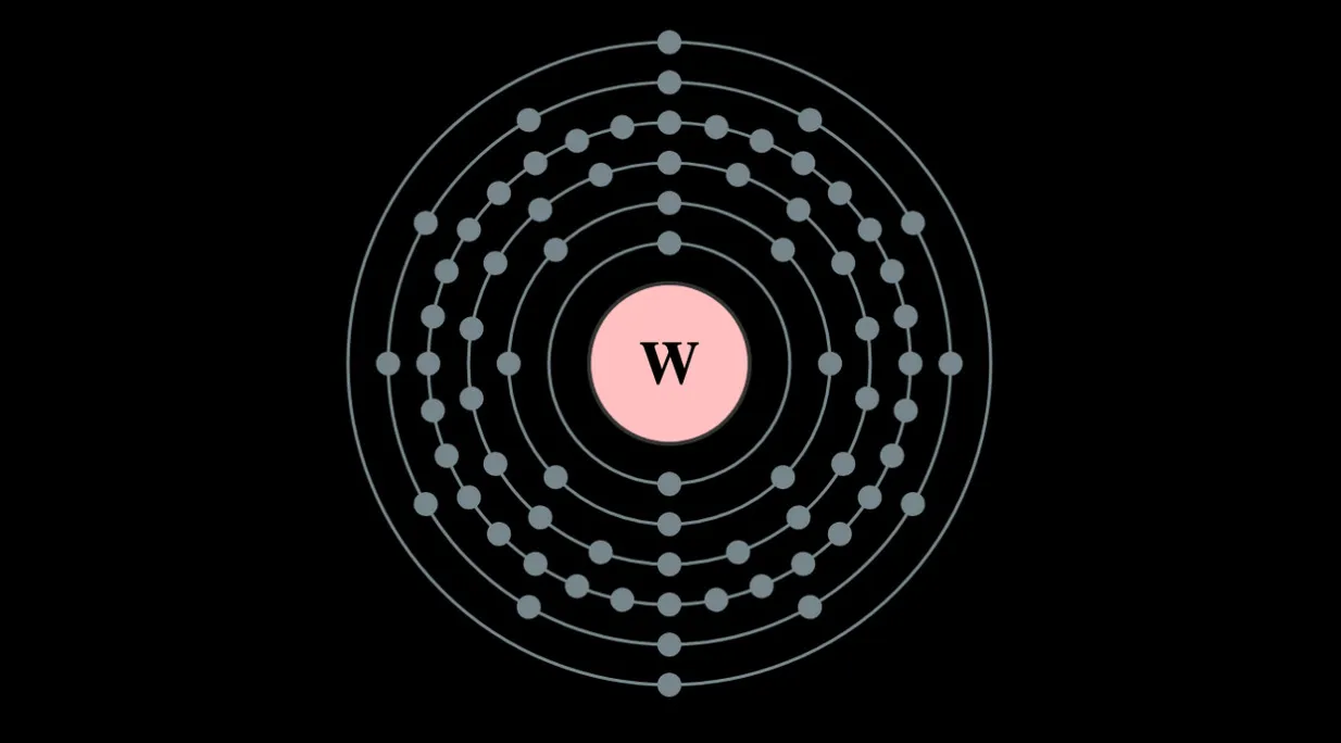 A Bohr model diagram illustrating the chemical element "wolfram" (W), with its atomic number 74.