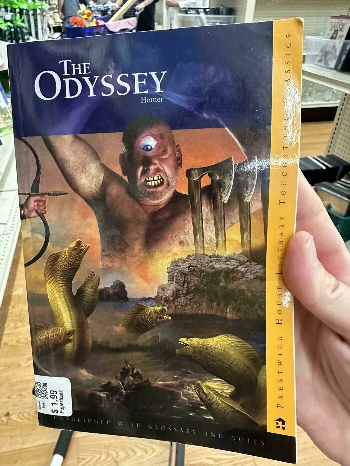 Hilariously unhinged book cover of Homer's The Odyssey featuring a bizarre cyclops and eels