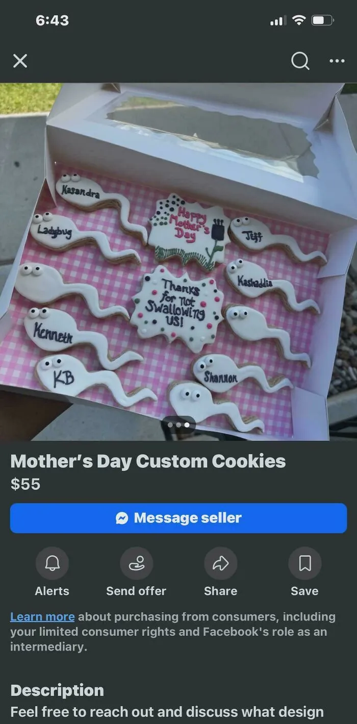Sperm-shaped cookies in a bakery box as a bizarre questionable food combo for Mother's Day