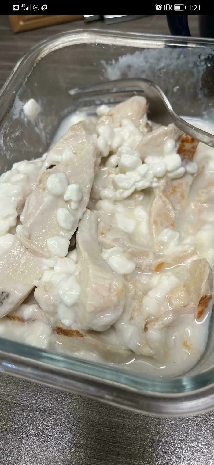 Chicken strips mixed with cottage cheese, illustrating questionable food combos