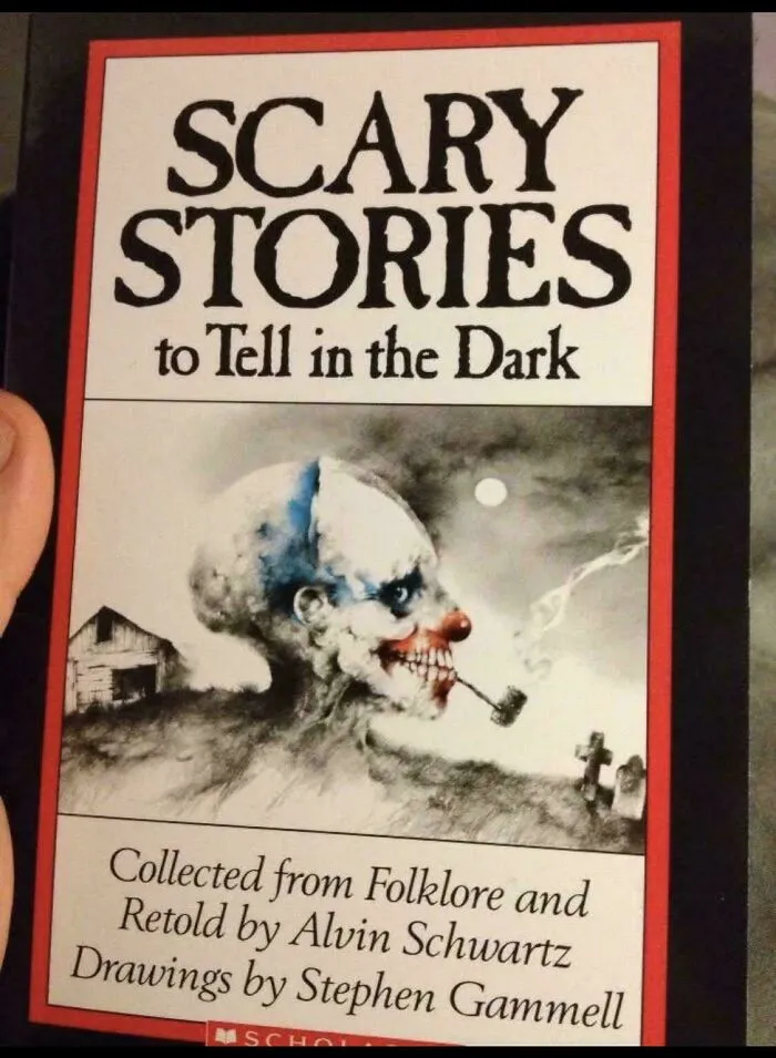 The cover of Scary Stories to Tell in the Dark, a classic 90s kid book with a spooky clown drawing for throwback memes.