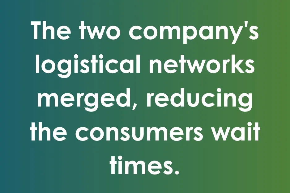 Text on a green-to-blue gradient: The two company's logistical networks merged, reducing the consumers wait times. This text presents a sentence for punctuation analysis.