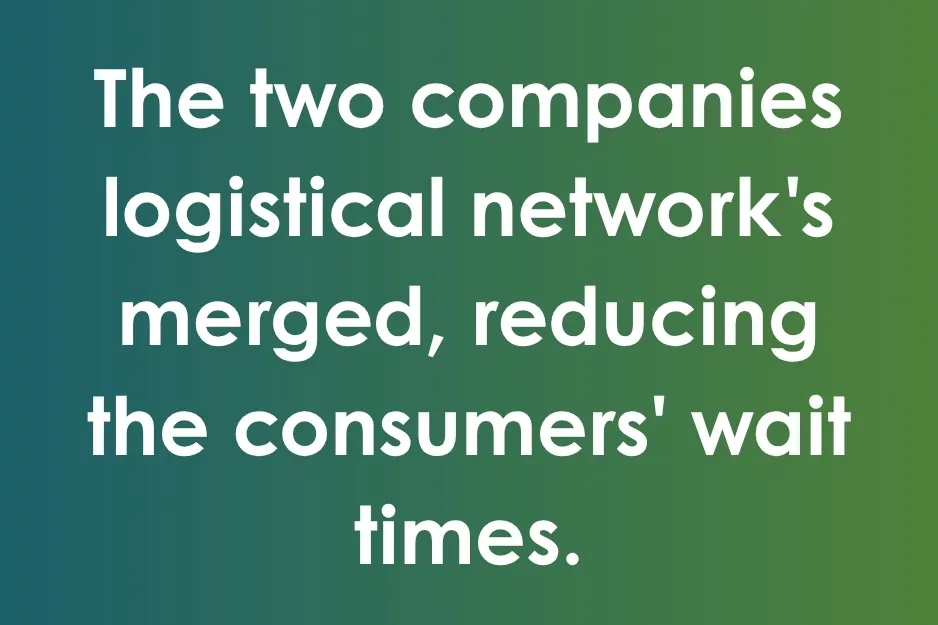 Text on a green gradient background: "The two companies logistical network's merged, reducing the consumers' wait times." Punctuated correctly.