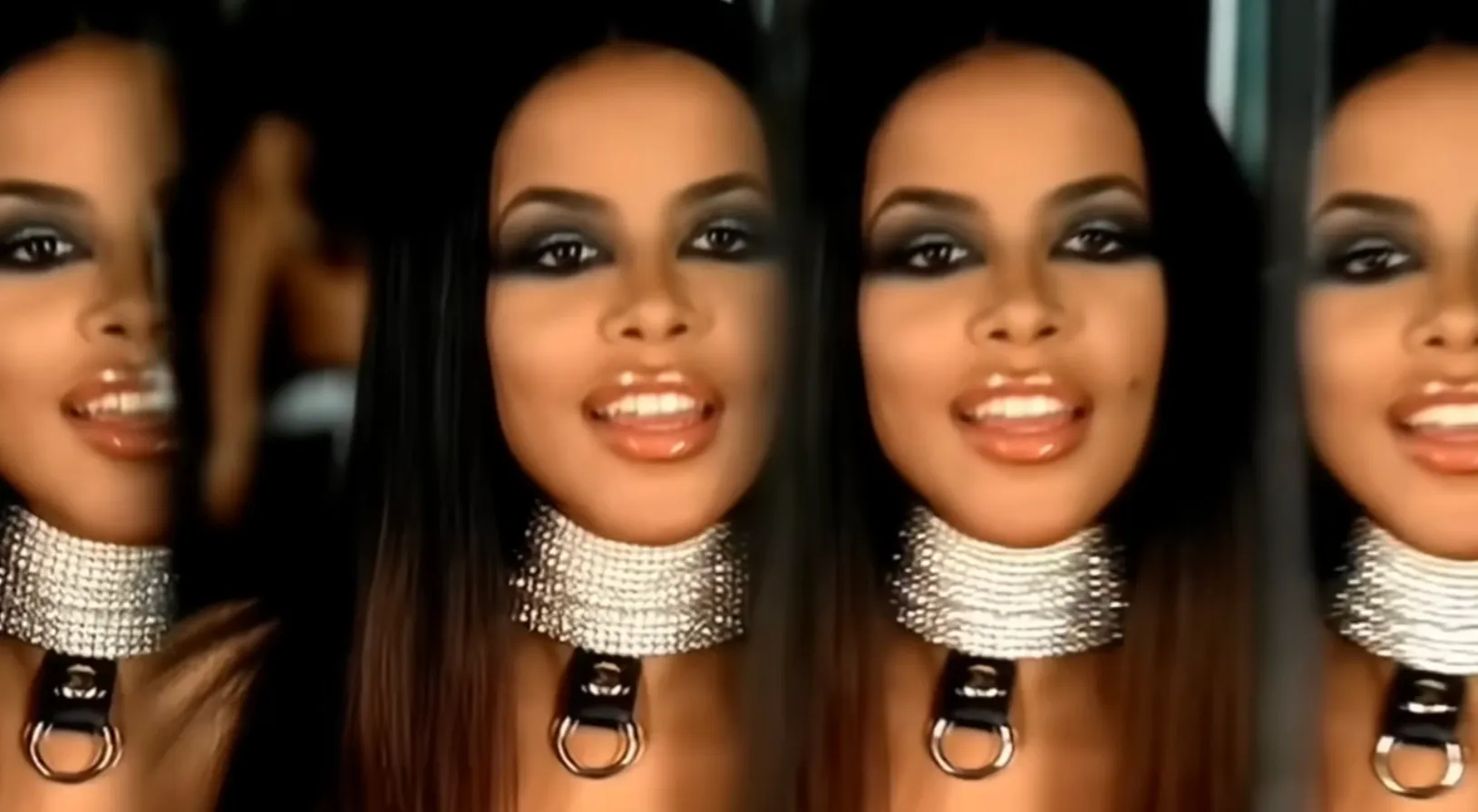 Aaliyah, from a Y2K music video, multiplied on screen, wearing a sparkling choker and dark smoky eye makeup. Y2K pop culture quiz.