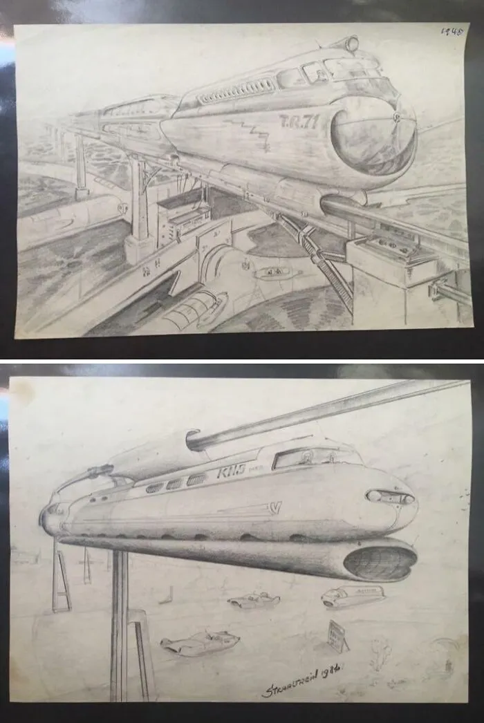 Some Stuff My Grandfather Drew In 1948 I Thought You Guys Might Like. The Text On The Bottom One Sais:”jet-Train 1984?”