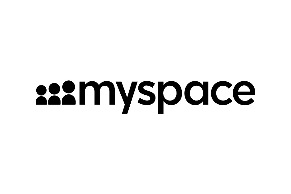 The black MySpace logo on a white background. This early social media platform defined customization.