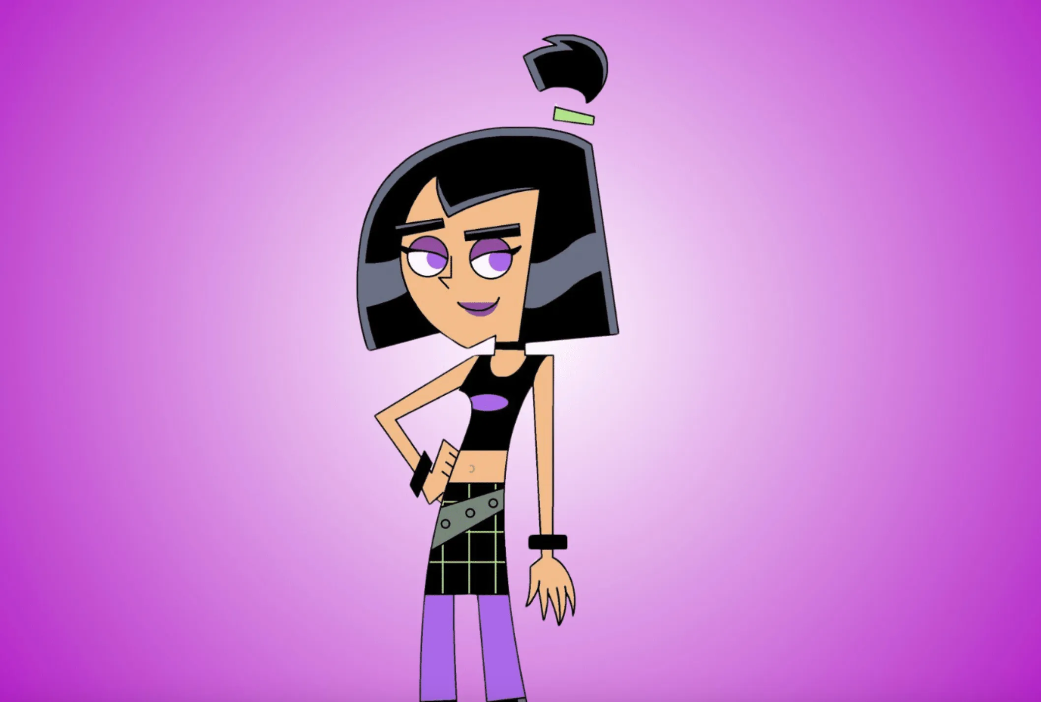 A Y2K pop culture quiz image of Sam Manson from Danny Phantom, a cartoon girl with black hair and purple eyes, posing on a purple background.