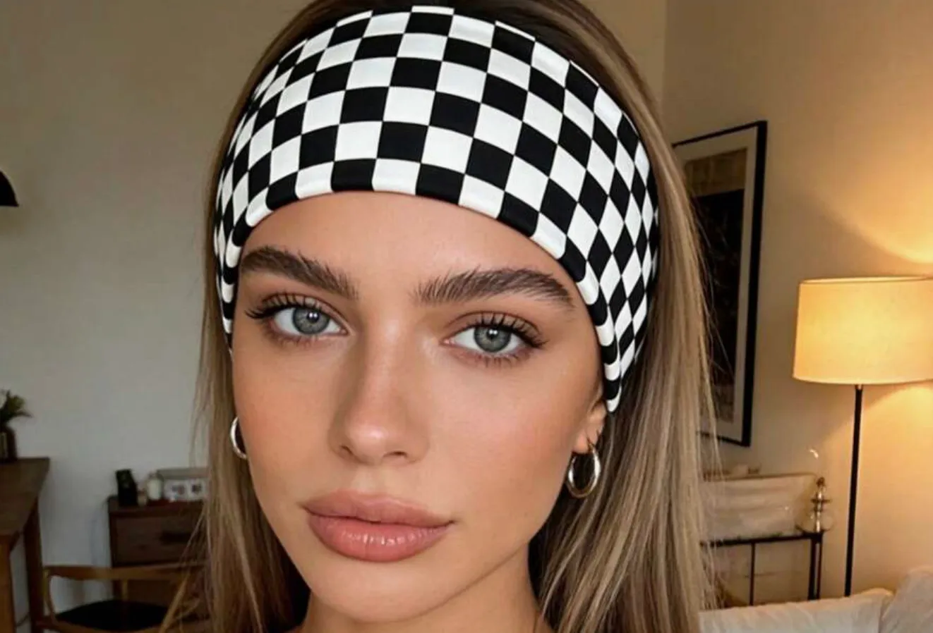 A woman with a Y2K accessory, a checkered headband, hoop earrings, and neutral makeup, looking at the camera.