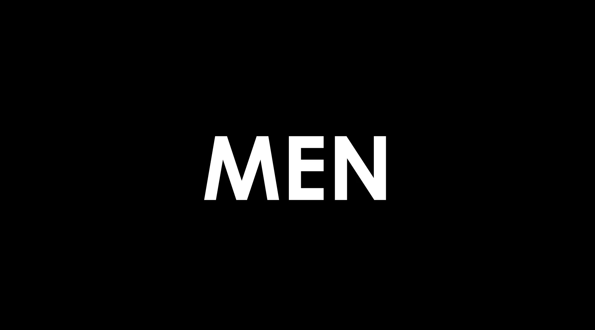 A black background with the white uppercase word MEN in the center. A pop culture rebus quiz asking what movie title is hidden.